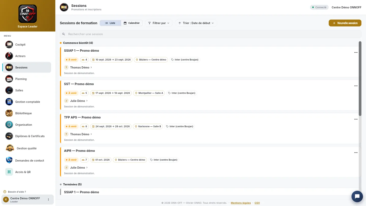 Les sessions dans l’application ONN-OFF